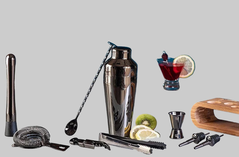 Bartender Kit: 10-deler Bar Set med stilig trestativ